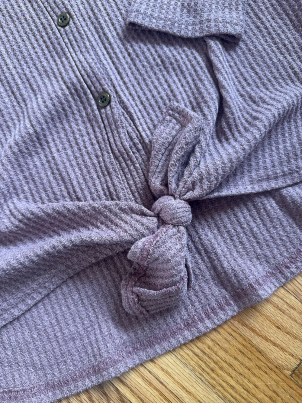 Mauve Button-Front Waffle Knit Top with Front Tie - Picture 2 of 10
